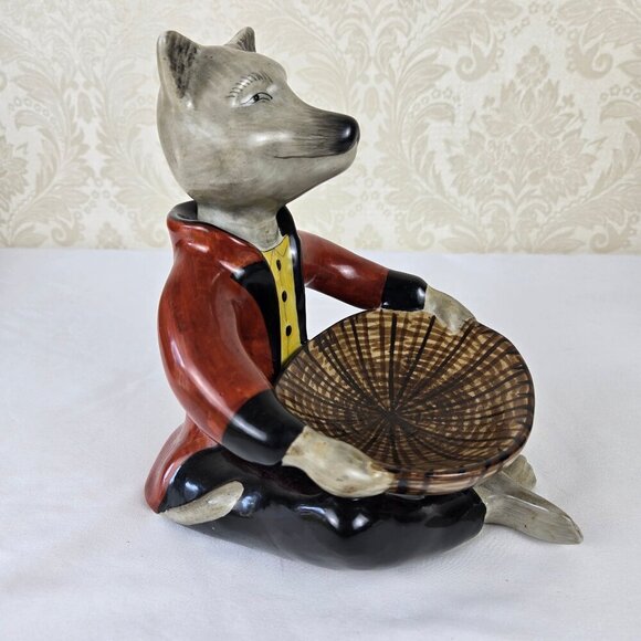 Vintage Fancy Fox Butler Holding Bowl Ceramic Candy Dish Key Holder Figurine - Picture 8 of 11